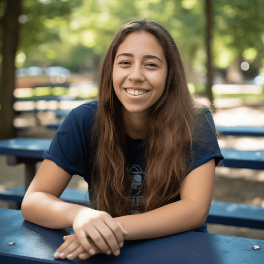 A young happy woman wearing a blue t-shirt sitting on a park bench, under green trees.