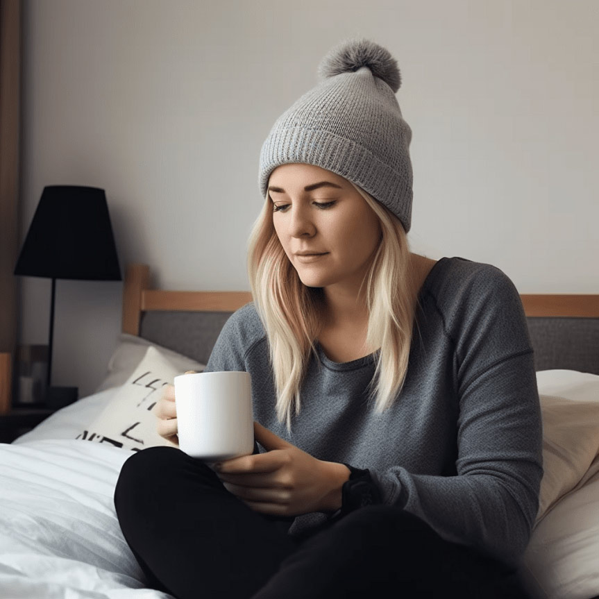 A young white blond woman, sitting on a bed, wearing a beenie, drinks a hot drink.