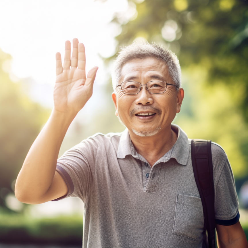 A middle-aged Chinese man wearing glasses and a grey t-shirt waving his hand happily.