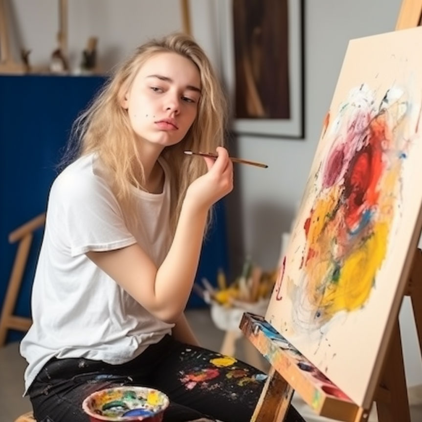 A young white girl painting a colourful abstract picture on canvas with her deformed hand.