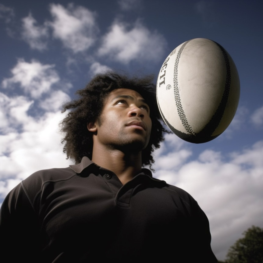 A young Māori man in a black shirt, throwining a rugby ball in the air.